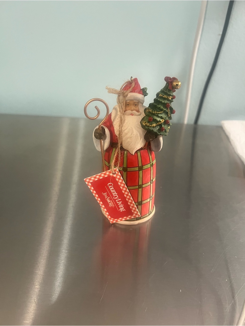 New with Tags Jim ShoreRed Plaid Santa with Tree Figurine Holiday Decor